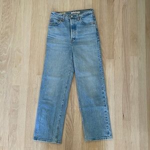 high wasted, straight cut, light wash blue jeans